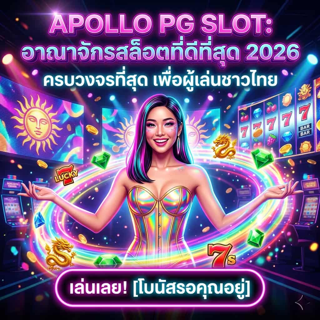 A high-energy, 1:1 square advertisement for **Apollo PG Slot 2026**. The image features a glamorous Asian female presenter with vibrant pink and teal hair highlights, wearing a shimmering, iridescent gold corset. She stands with her arms wide in a welcoming gesture, surrounded by a swirling vortex of glowing 3D casino symbols, including emerald gems, golden dragons, and lucky number 7s.The background is a "Vibrant Neon Maximalist" casino floor with massive LED screens displaying golden Apollo sun motifs and digital slot reels. The scene is saturated with colorful light—electric purple, hot pink, and gold—with cinematic lens flares and sparkling particles.Bold Thai text at the top reads: **"APOLLO PG SLOT: อาณาจักรสล็อตที่ดีที่สุด 2026"** (Apollo PG Slot: The Best Slot Empire 2026) and **"ครบวงจรที่สุด เพื่อผู้เล่นชาวไทย"** (The most complete service for Thai players). At the bottom, a prominent neon-pink button displays the call-to-action: **"เล่นเลย! [โบนัสรอคุณอยู่]"** (Play Now! [Bonus Awaits You]).