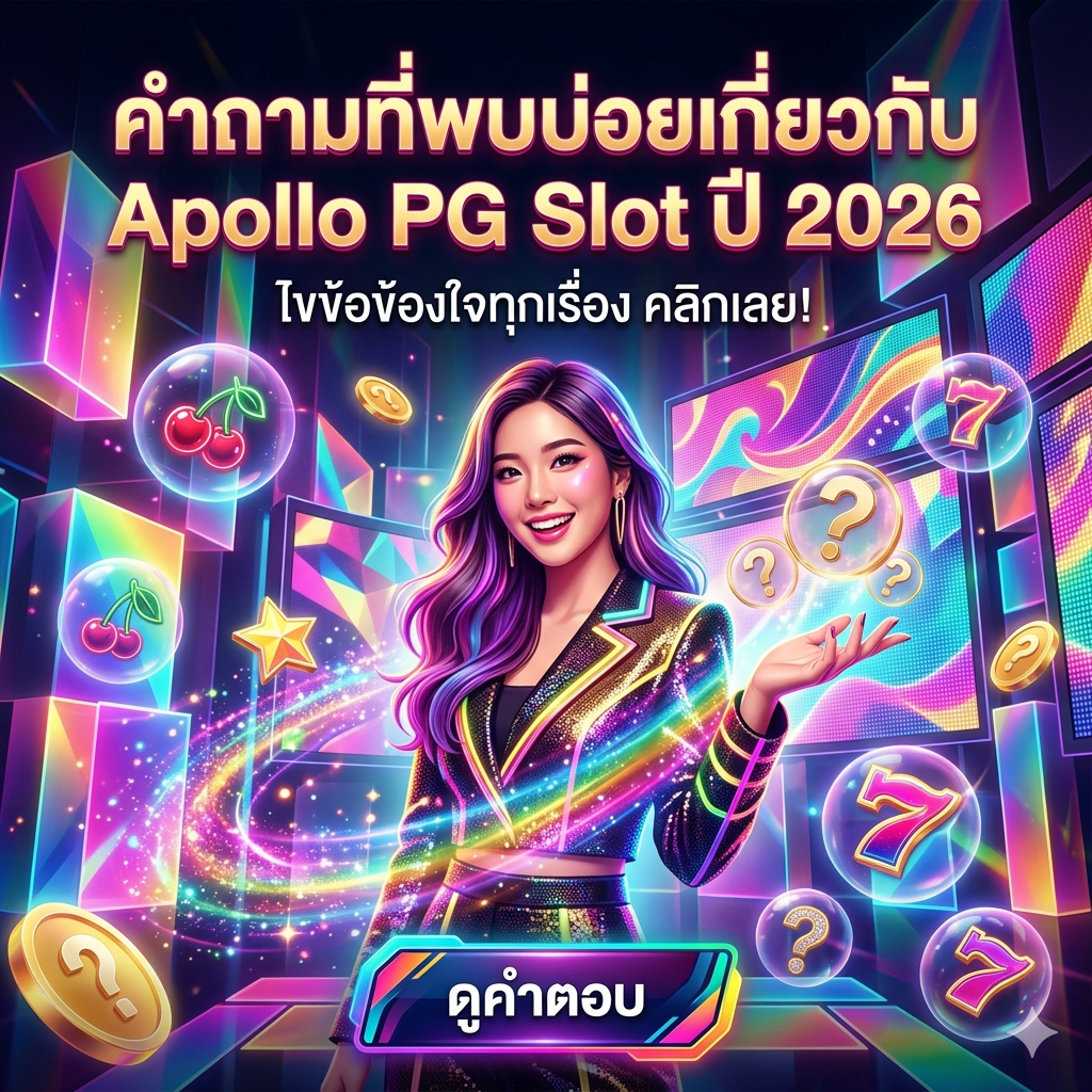 "A vibrant, 1:1 square advertisement for Apollo PG Slot 2026 featuring a smiling Asian female presenter with purple-tinted hair. She wears a colorful, sparkling blazer and gestures toward floating translucent bubbles containing casino icons like cherries, stars, and lucky 7s. The background is a high-energy explosion of neon geometric shapes and digital screens in shades of pink, cyan, and gold. Bold Thai text at the top reads 'คำถามที่พบบ่อยเกี่ยวกับ Apollo PG Slot ปี 2026' (FAQ about Apollo PG Slot 2026) with a sub-headline 'ไขข้อข้องใจทุกเรื่อง คลิกเลย!' (Clear all doubts, click now!). A prominent call-to-action button at the bottom center reads 'ดูคำตอบ' (See Answers)."