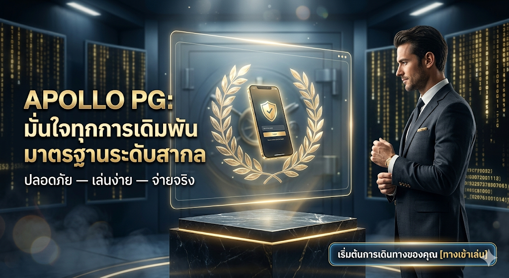 A cinematic, high-impact advertisement for **Apollo PG**. The visual features a professional male presenter in a sharp charcoal suit standing in a high-tech, luxury vault. In the center, a glowing 3D holographic Greek laurel wreath encircles a gold smartphone displaying a secure login shield icon. The background consists of dark marble textures and digital screens with cascading golden data code.Bold Thai text on the left reads: **"APOLLO PG: มั่นใจทุกการเดิมพัน มาตรฐานระดับสากล"** (Confident in every bet, International standards) with the sub-headline **"ปลอดภัย — เล่นง่าย — จ่ายจริง"** (Safe — Easy to play — Real payouts). A sleek call-to-action button at the bottom right reads **"เริ่มต้นการเดินทางของคุณ [ทางเข้าเล่น]"**. The lighting is a sophisticated mix of deep midnight blue and vibrant Apollo gold.